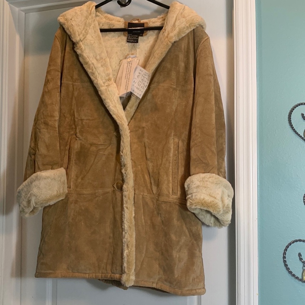1X Dennis Basso tan leather / faux fur coat